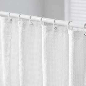 White Fabric Shower Curtain, 240 GSM Weighted Waffle Shower Curtains, Polyester Curtain with Rust-Resistant Hooks, Machine Washable & Water Repel