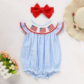 Baby Girls Independence Day Outfit 4th Of July American Flag Embroidery Smocked Bubble Romper With Headband (Option: Blue-0to3 Months)