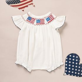 Baby Girl 4th Of July Bubble Romper, Smocked Fly Sleeve Bodysuit With American Flag Embroidery (Option: White-6to9 Months)