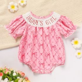 Baby Girl's Bowknot Graphic Print Romper, Daddy's Girl Letter Print Triangle Jumpsuit With Bubble Sleeves (Option: DADDYS GIRL-0to3 Months)