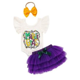Baby Girls' Mardi Gras Outfit Set Ruffle Sleeve Letter Print Bodysuit, Mesh Tutu Skirt & Hairband (Option: White-1to3 Months)