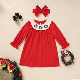 Toddler Kids Baby Girls Christmas Dress Christmas Wreath Embroidered Party Dresses With Headband (Option: Red-2to3 Years)