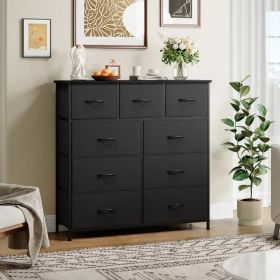 9 Drawer Dresser with Metal Frame and Wooden Top Fabric Storage Organizer Tower for Bedroom Living Room Entryway Office Closet Classic Freestandi (Color: black)