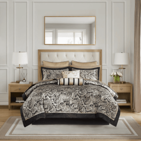 12 Piece Comforter Set With Cotton Bed Sheets Black King (Option: Black)